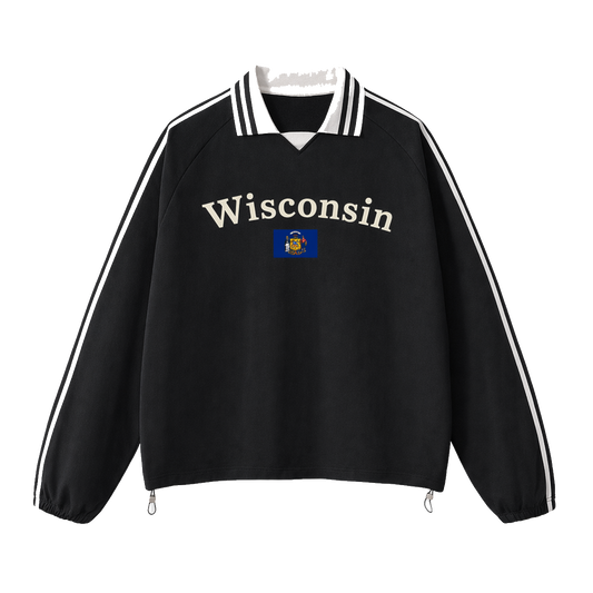 Collection 6 Wisconsin Contrast Striped Lapel Collar Sweatshirt - Black front