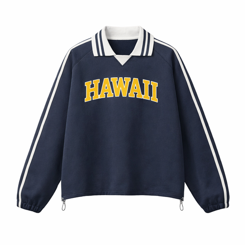 Collection 1 Hawaii Contrast Striped Lapel Collar Sweatshirt - Royal Blue front