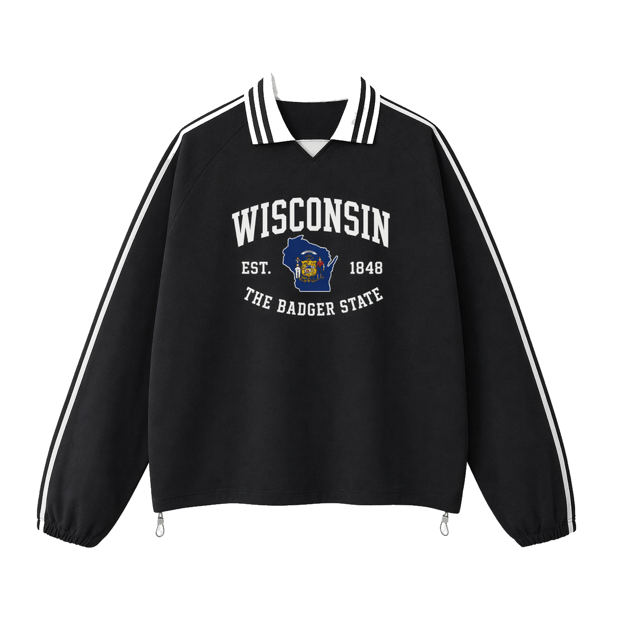 Collection 8 Wisconsin Contrast Striped Lapel Collar Sweatshirt - Black front