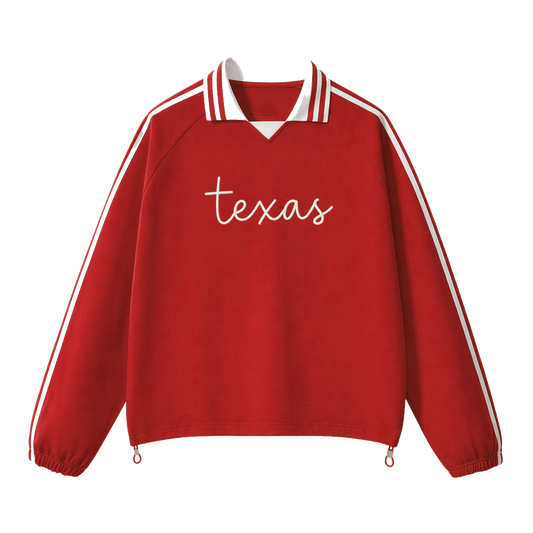 Collection 3 Texas Contrast Striped Lapel Collar Sweatshirt - Red front