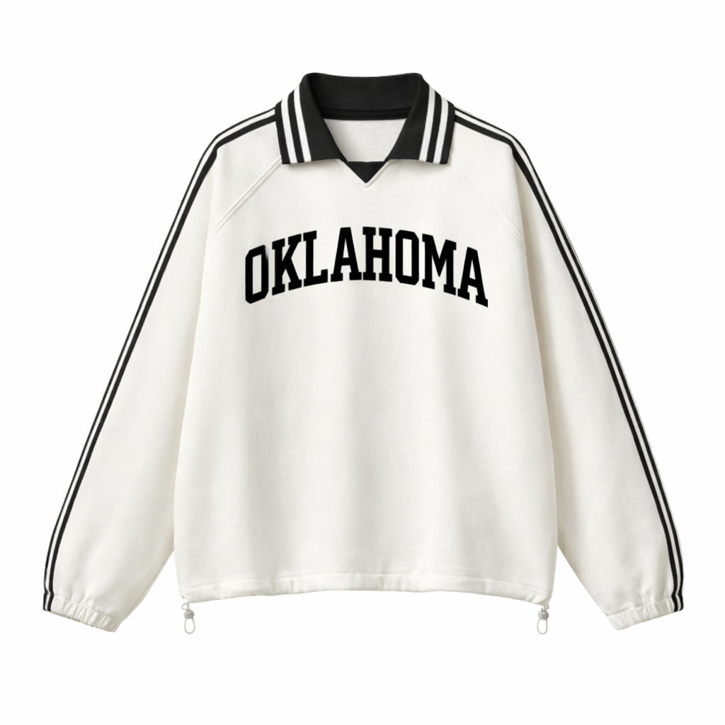 Collection 1 Oklahoma Contrast Striped Lapel Collar Sweatshirt - White front