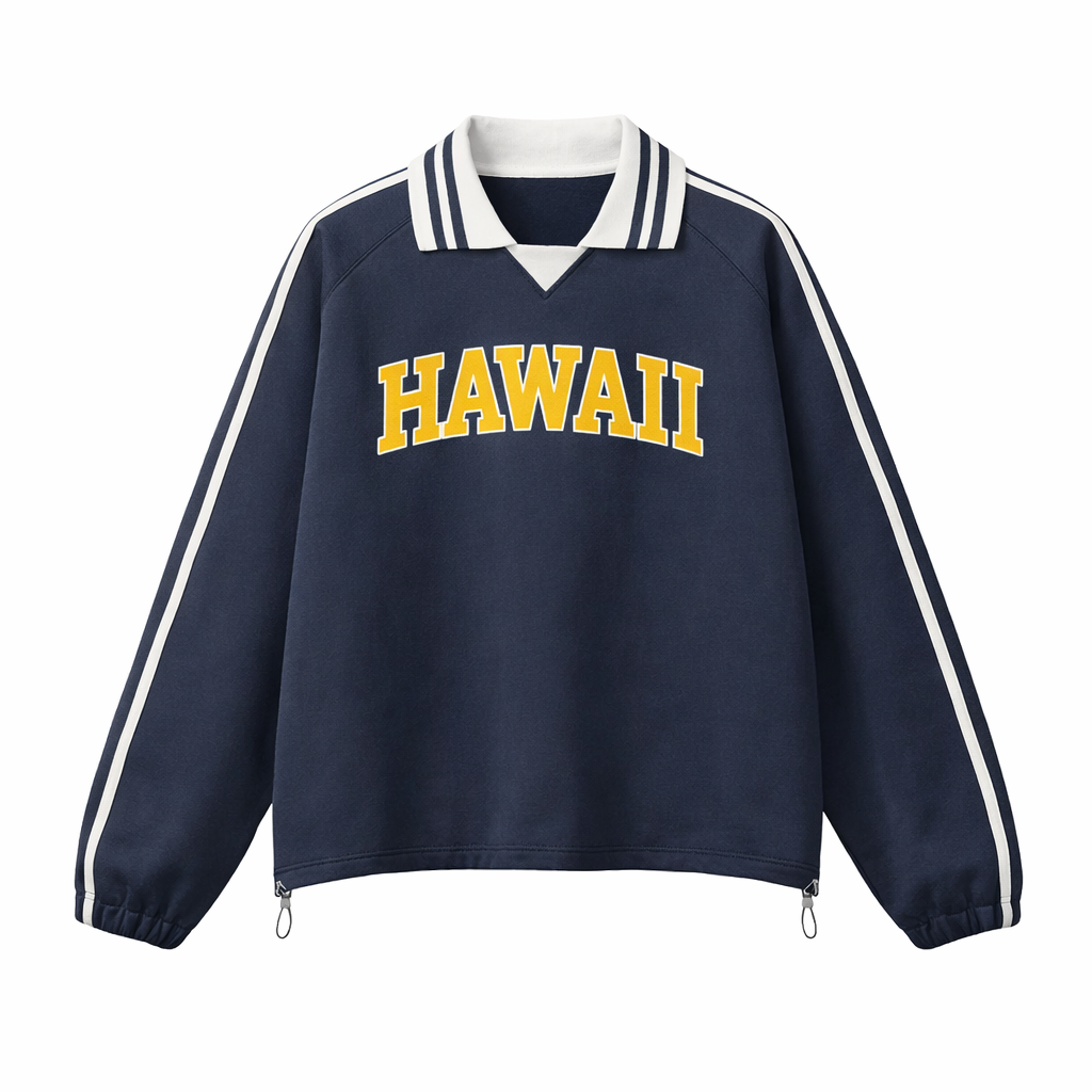 Collection 1 Hawaii Contrast Striped Lapel Collar Sweatshirt - Royal Blue front