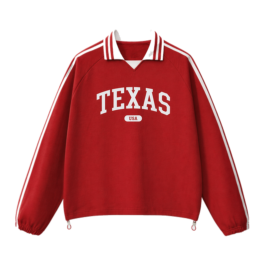 Collection 4 Texas Contrast Striped Lapel Collar Sweatshirt - Red front
