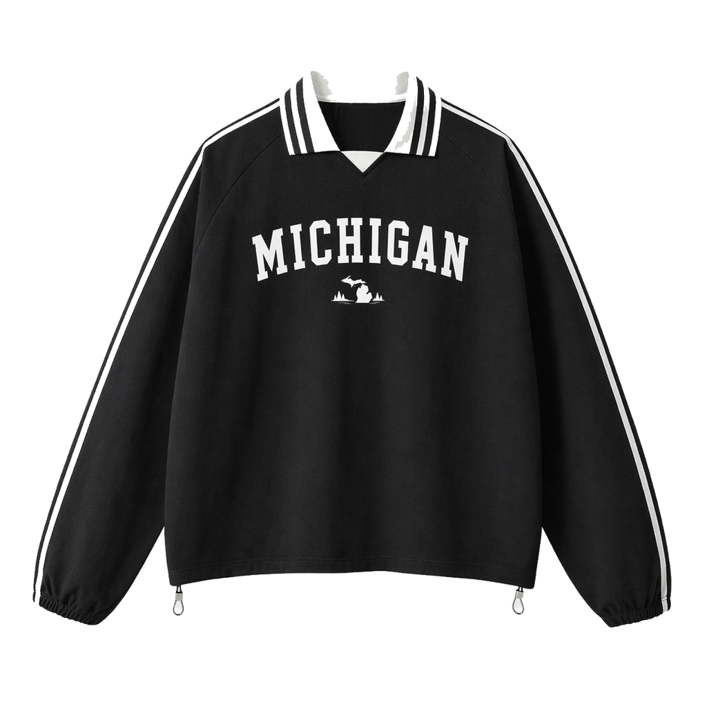 Collection 9 Michigan Contrast Striped Lapel Collar Sweatshirt - Black front