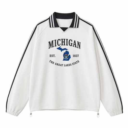 Collection 8 Michigan Contrast Striped Lapel Collar Sweatshirt - White front