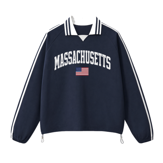 Collection 2 Massachusetts Contrast Striped Lapel Collar Sweatshirt - Royal Blue front