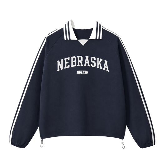 Collection 4 Nebraska Contrast Striped Lapel Collar Sweatshirt - Royal Blue front