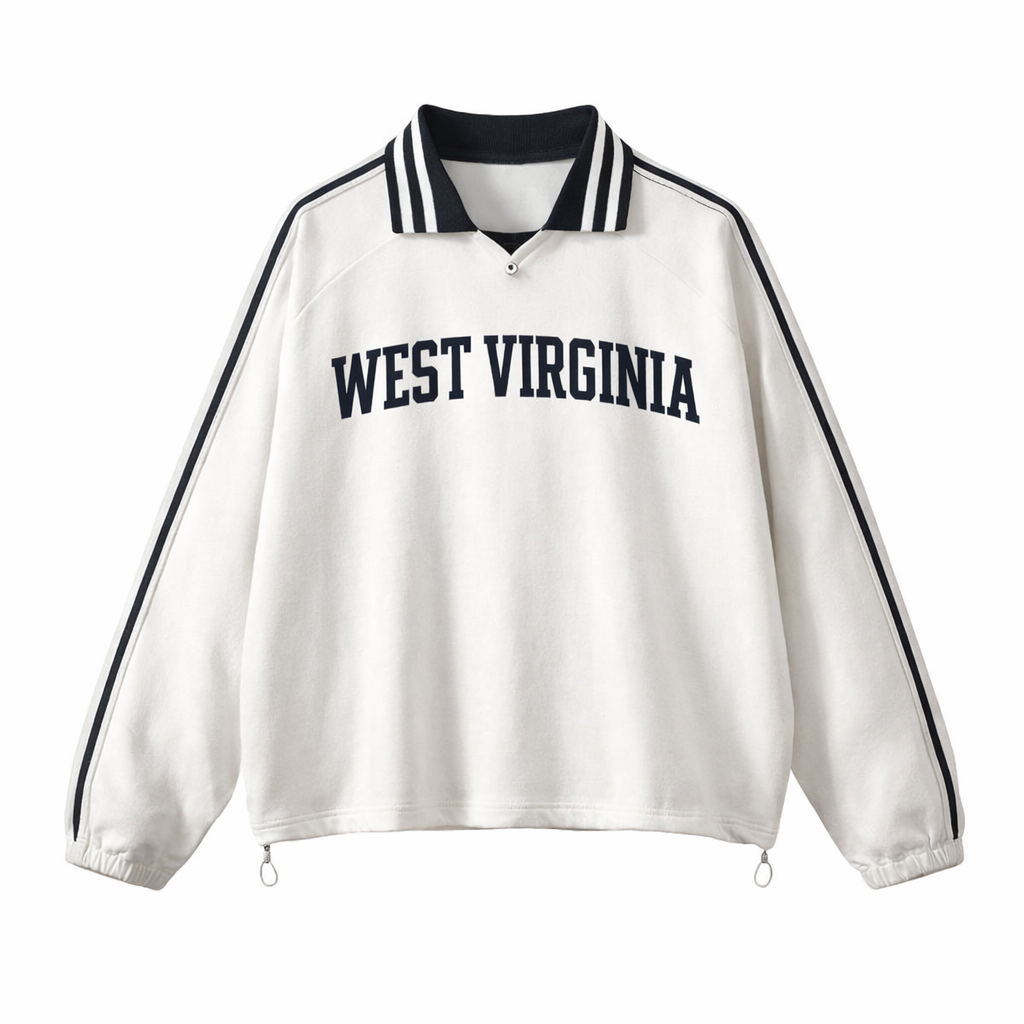 Collection 1 West Virginia Contrast Striped Lapel Collar Sweatshirt - White front