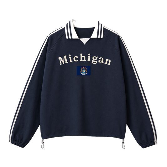 Collection 6 Michigan Contrast Striped Lapel Collar Sweatshirt - Royal Blue front