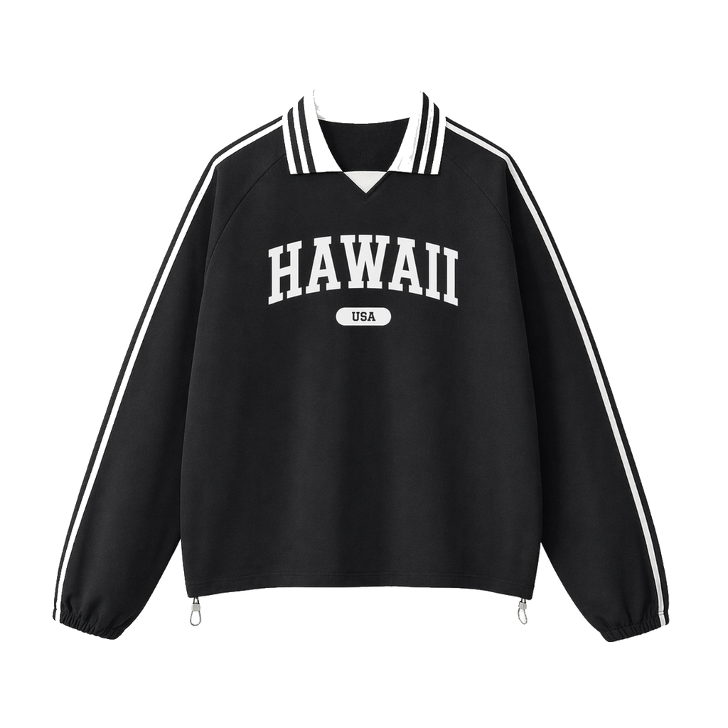 Collection 4 Hawaii Contrast Striped Lapel Collar Sweatshirt - Black front