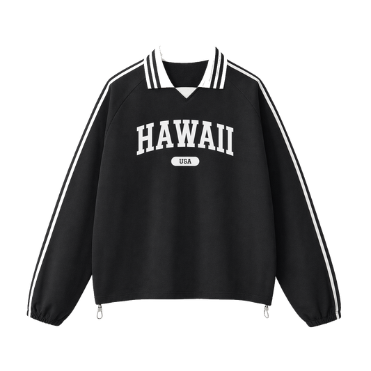 Collection 4 Hawaii Contrast Striped Lapel Collar Sweatshirt - Black front