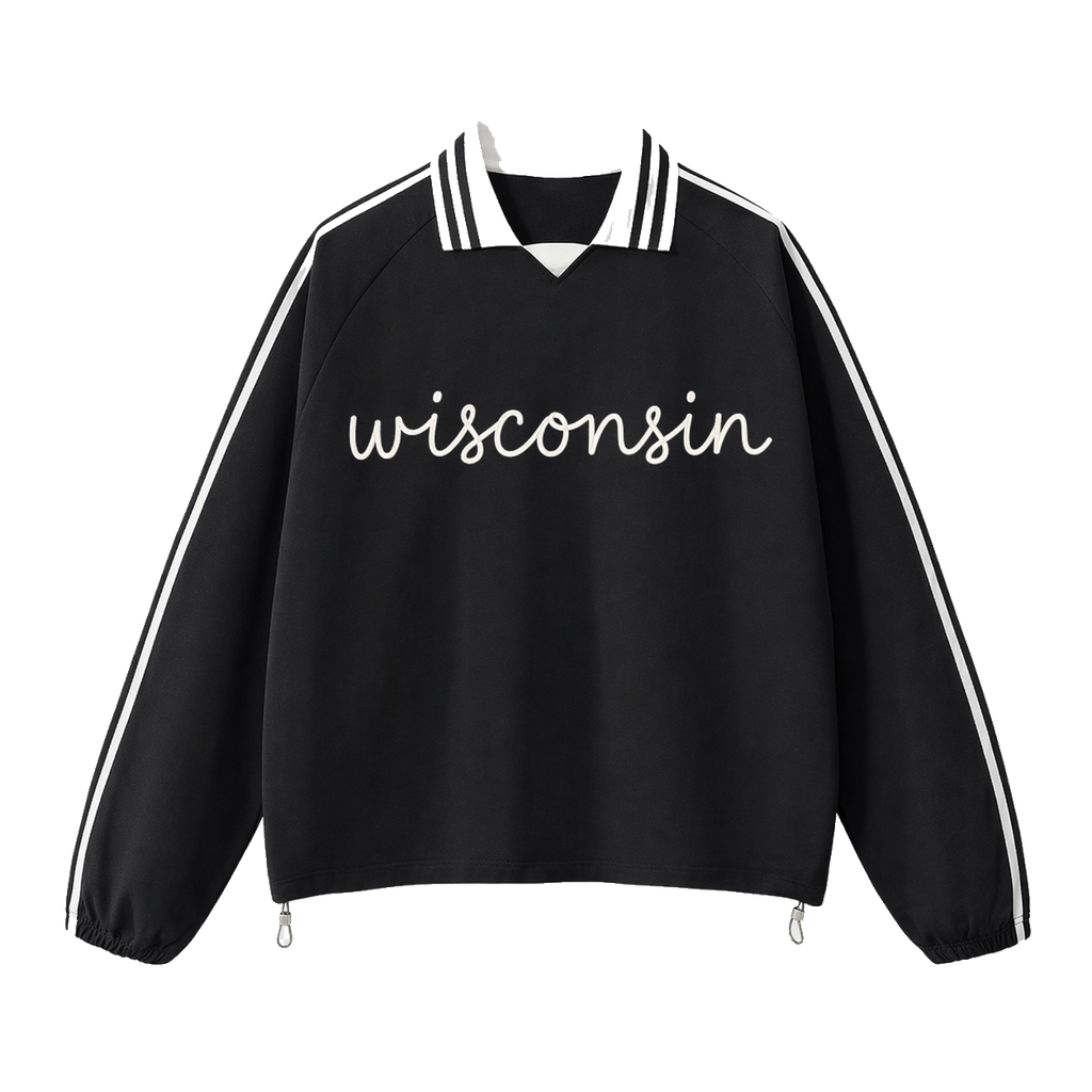 Collection 3 Wisconsin Contrast Striped Lapel Collar Sweatshirt - Black front
