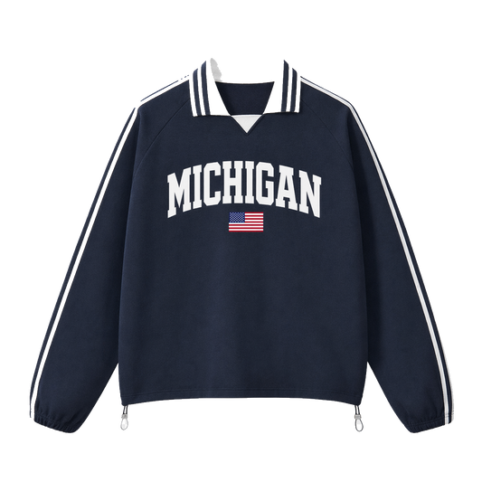 Collection 2 Michigan Contrast Striped Lapel Collar Sweatshirt - Royal Blue front