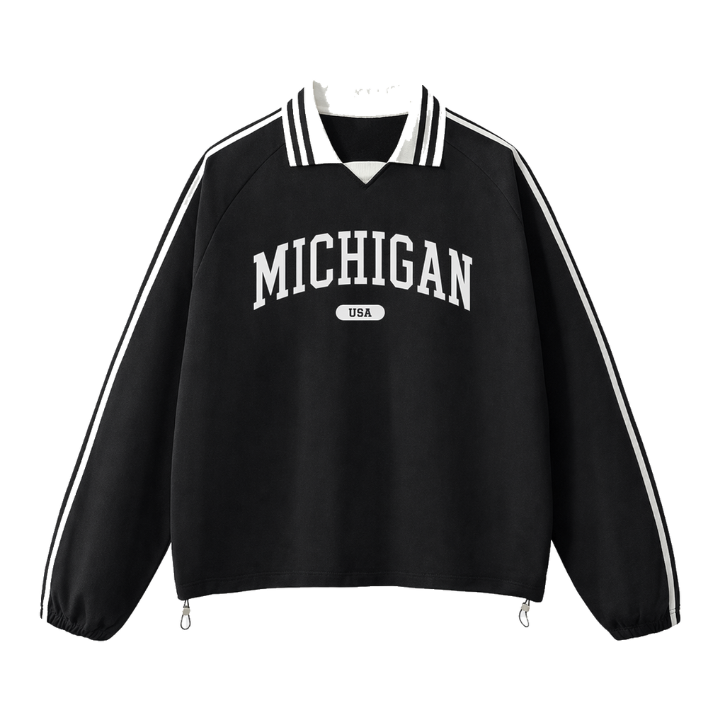 Collection 4 Michigan Contrast Striped Lapel Collar Sweatshirt - Black front