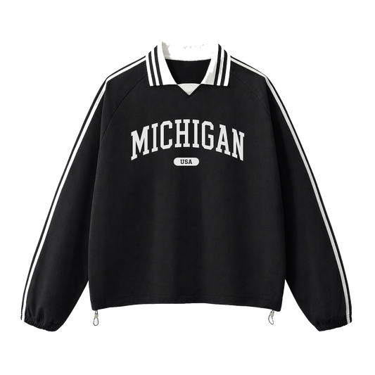 Collection 4 Michigan Contrast Striped Lapel Collar Sweatshirt - Black front