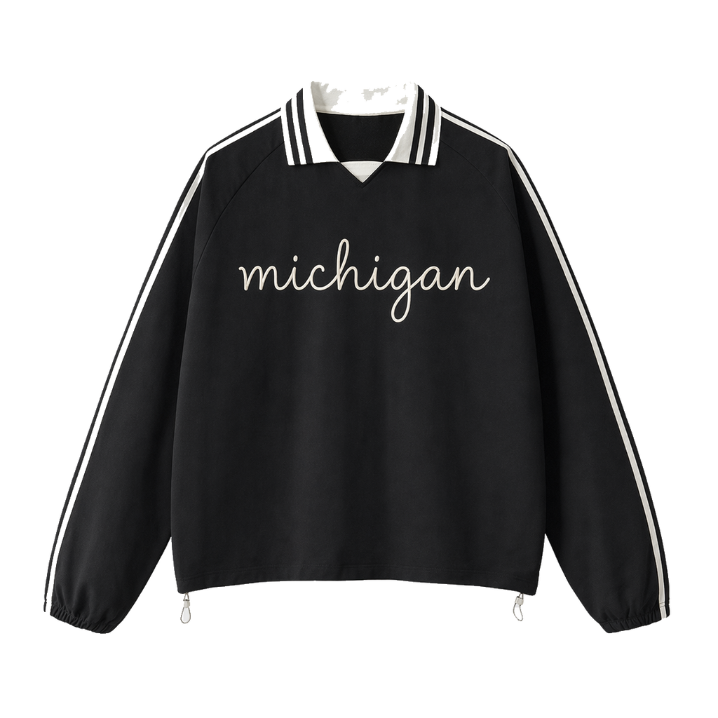 Collection 3 Michigan Contrast Striped Lapel Collar Sweatshirt - Black front