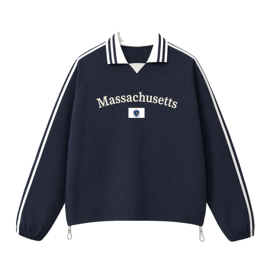 Collection 6 Massachusetts Contrast Striped Lapel Collar Sweatshirt - Royal Blue front