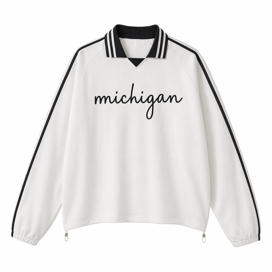 Collection 3 Michigan Contrast Striped Lapel Collar Sweatshirt - White front