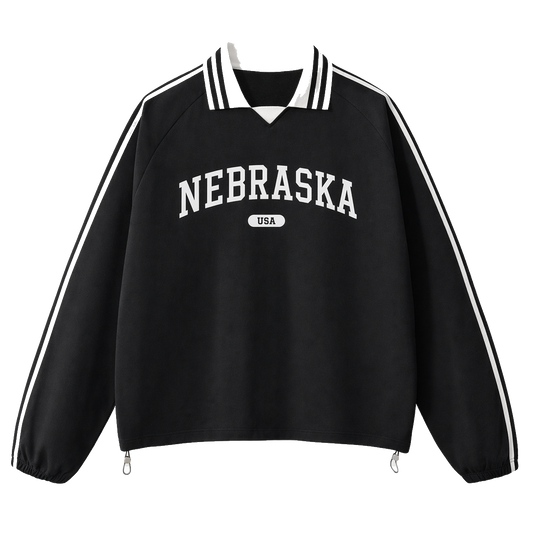 Collection 4 Nebraska Contrast Striped Lapel Collar Sweatshirt - Black front