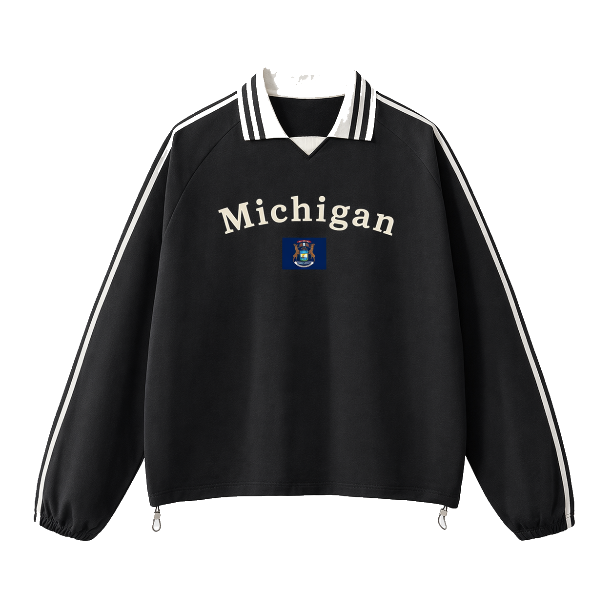 Collection 6 Michigan Contrast Striped Lapel Collar Sweatshirt - Black front