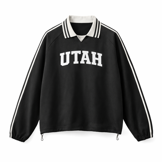 Collection 1 Utah Contrast Striped Lapel Collar Sweatshirt - Black front