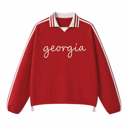 Collection 3 Georgia Contrast Striped Lapel Collar Sweatshirt - Red front