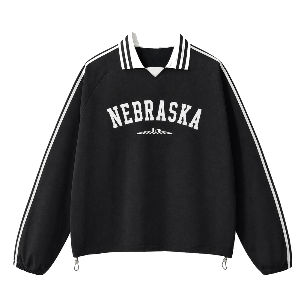 Collection 9 Nebraska Contrast Striped Lapel Collar Sweatshirt - Black front