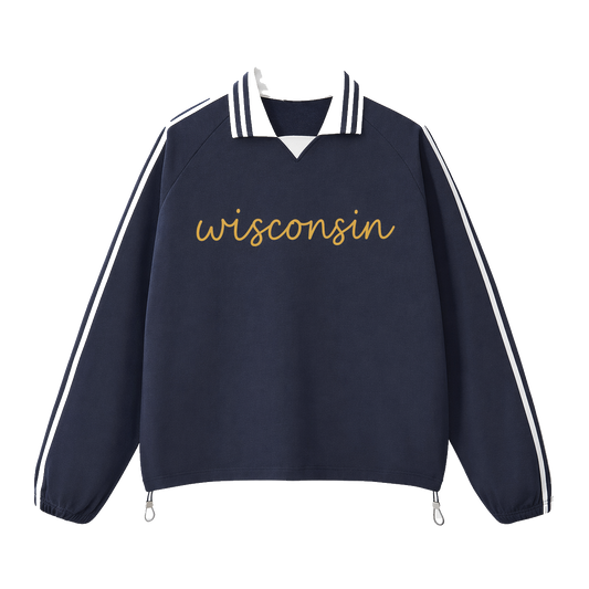 Collection 3 Wisconsin Contrast Striped Lapel Collar Sweatshirt - Royal Blue front