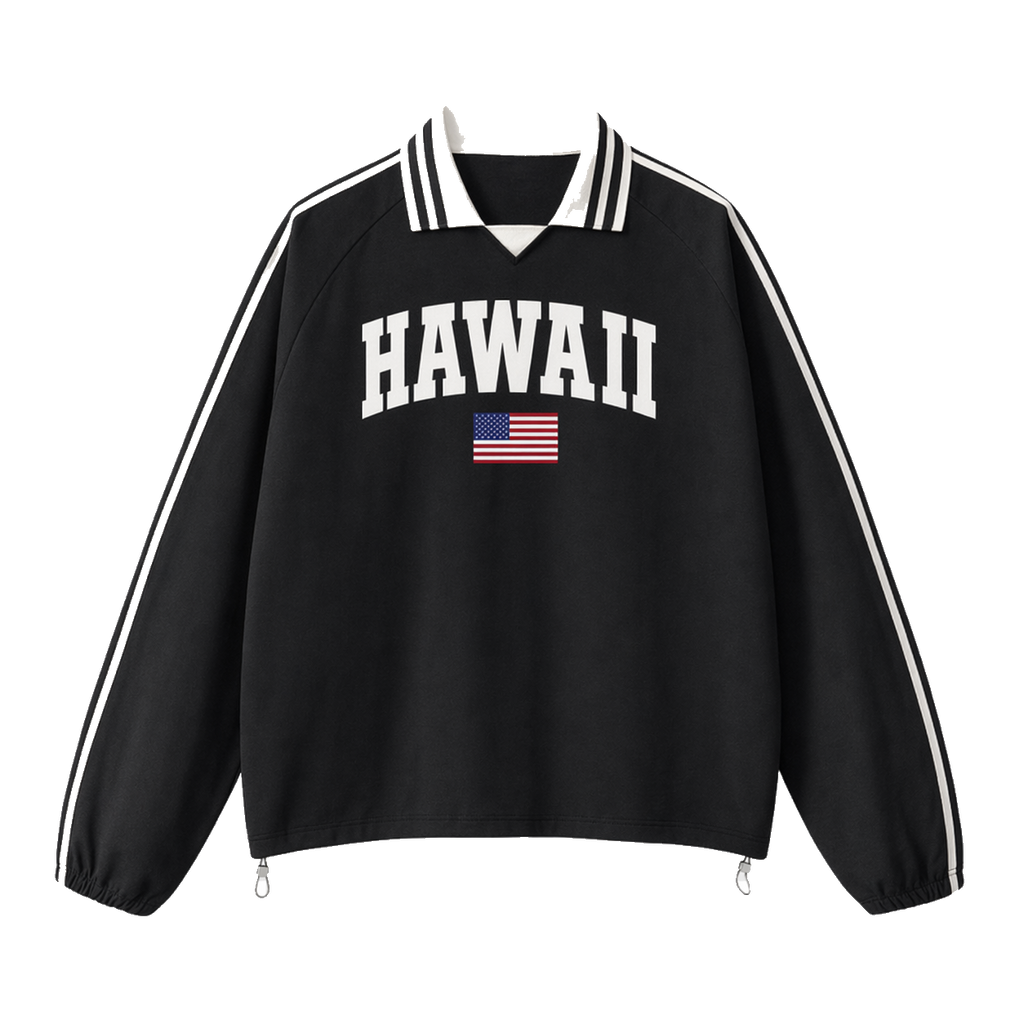 Collection 2 Hawaii Contrast Striped Lapel Collar Sweatshirt - Black front