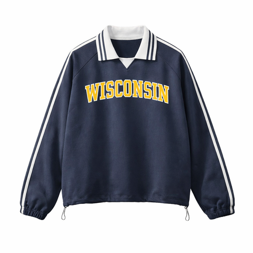 Collection 1 Wisconsin Contrast Striped Lapel Collar Sweatshirt - Royal Blue front