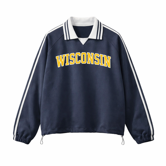 Collection 1 Wisconsin Contrast Striped Lapel Collar Sweatshirt - Royal Blue front