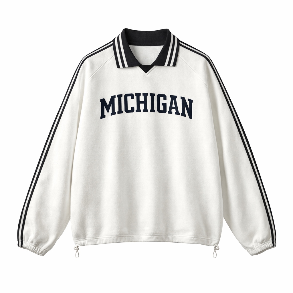 Collection 1 Michigan Contrast Striped Lapel Collar Sweatshirt - White front