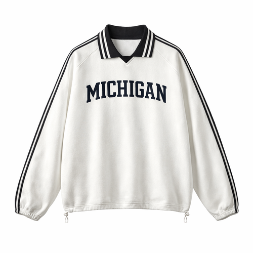 Collection 1 Michigan Contrast Striped Lapel Collar Sweatshirt - White front