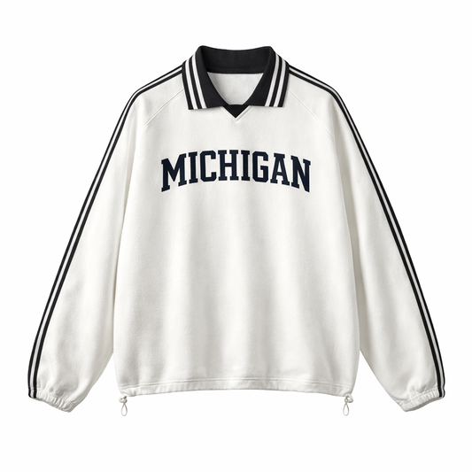Collection 1 Michigan Contrast Striped Lapel Collar Sweatshirt - White front