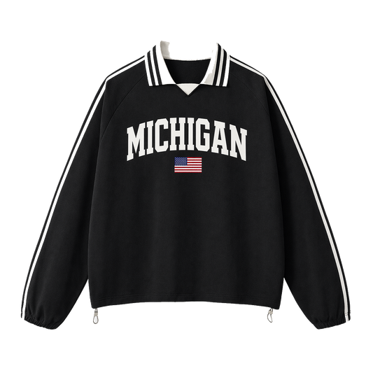 Collection 2 Michigan Contrast Striped Lapel Collar Sweatshirt - Black front