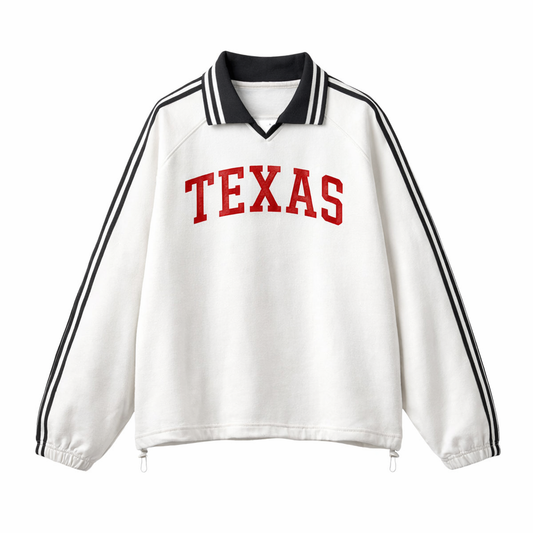 Collection 1 Texas Contrast Striped Lapel Collar Sweatshirt - White front